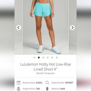 Lululemon Hotty Hot Low Rise 4" Electric Turquoise Size 10